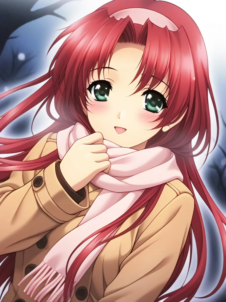 masterpiece, best quality, SetoAyano, 1girl, solo, long hair, red hair, green eyes, breasts, smile, blush, hairband, smile, happy, blush, Trench Coat and Scarf, Cute and warm clothes, cold winter night, cinematic angle,