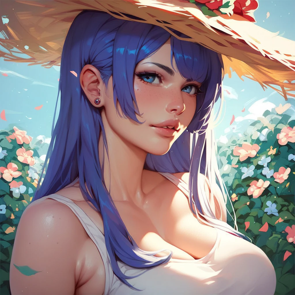 cutesexyrobutts style, 1girl, hat, gloves, solo, bottle, water_bottle, hat_flower, white_gloves, flower, looking_at_viewer, short_hair, drinking, swimsuit, water, virtual_youtuber, one-piece_swimsuit, white_headwear, jacket, upper_body, wet, holding, open_mouth, holding_bottle, breasts, long_sleeves, blue_eyes, bangs, open_clothes, wet_clothes, blue_background, purple_hair, sun_hat, white_jacket