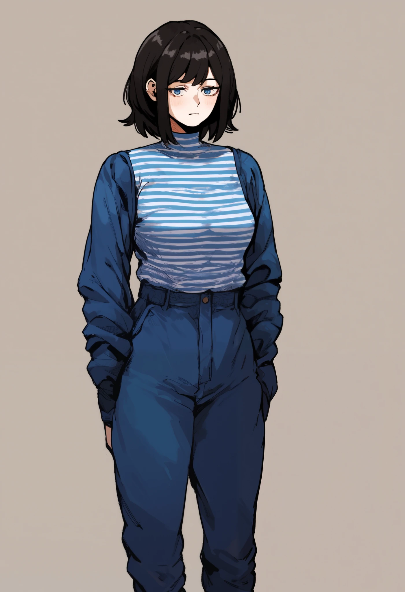 Anime, illustration art, Absurd resolution, high resolution, (masterpiece: 1.4), hyper-detail, octosoup, 1woman, mthwshanya, medium hair, black hair, black eyesblue, jumpsuit, long sleeves, striped shirt