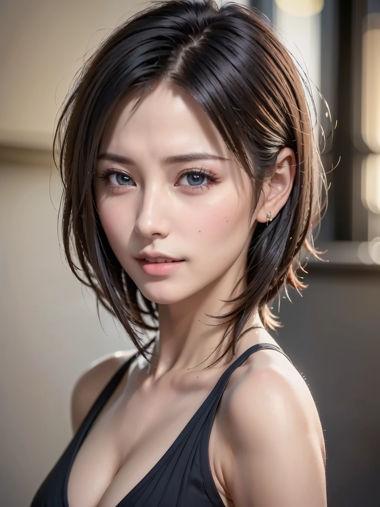 (masutepiece:1.3), (8K, Photorealistic, Raw photo, Best Quality: 1.4), (1girl in), Beautiful face, (Realistic face), (Black hair, Short hair:1.3), bikini of, Beautiful hairstyle, Realistic eyes, Beautiful detailed eyes, (Realistic skin), Beautiful skin, (Navy BL...