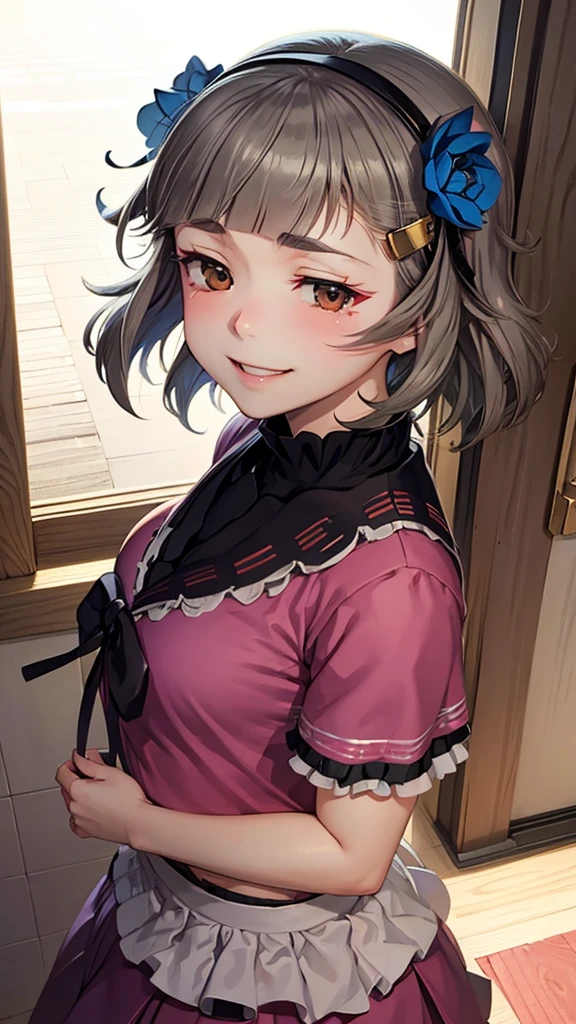 ,8yo,(petite), 1girl, looking at viewer, , hazuki katou,,,, ,park,,blush,(spoken heart),,flat chest,(evil smile,grin),miko dress,nipple,perfect lighting,perfect shadow,thighhighs,long sleeve