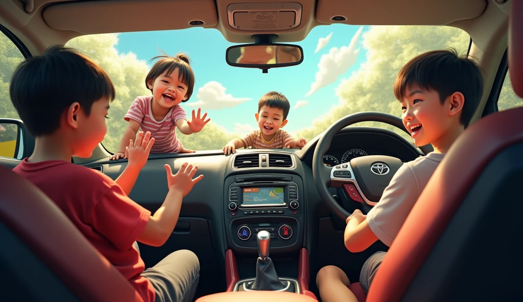Create three cars, a Lamborghini, a Tesla and a Bughatti, side by side, with a malay boy with a school short hair appearing breaking the four walls, giggling at the background in soft edges effect.