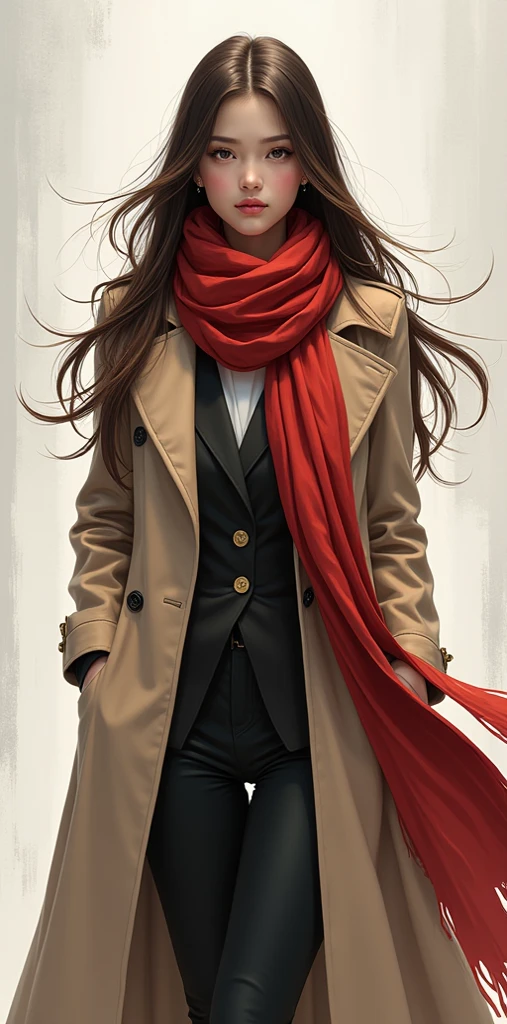 girl ,  long hair,  shoulder-length hair  ,  Fraction_9,  Fraction_8_up,  Fraction_7_up,  masterpiece ,  Best Quality , Long trench coat and scarf