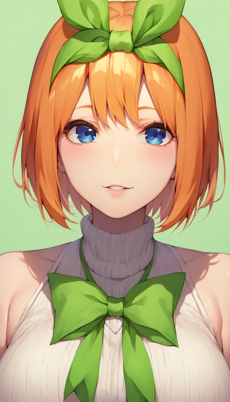 Nakano Yotsuba, bangs,  short hair,  blue eyes, Hair between the eyebrows,  hair bow,  headband,  orange hair, (Green ribbon:1.5),  facing forward 、 huge breasts、Shoulders exposed,White knit、