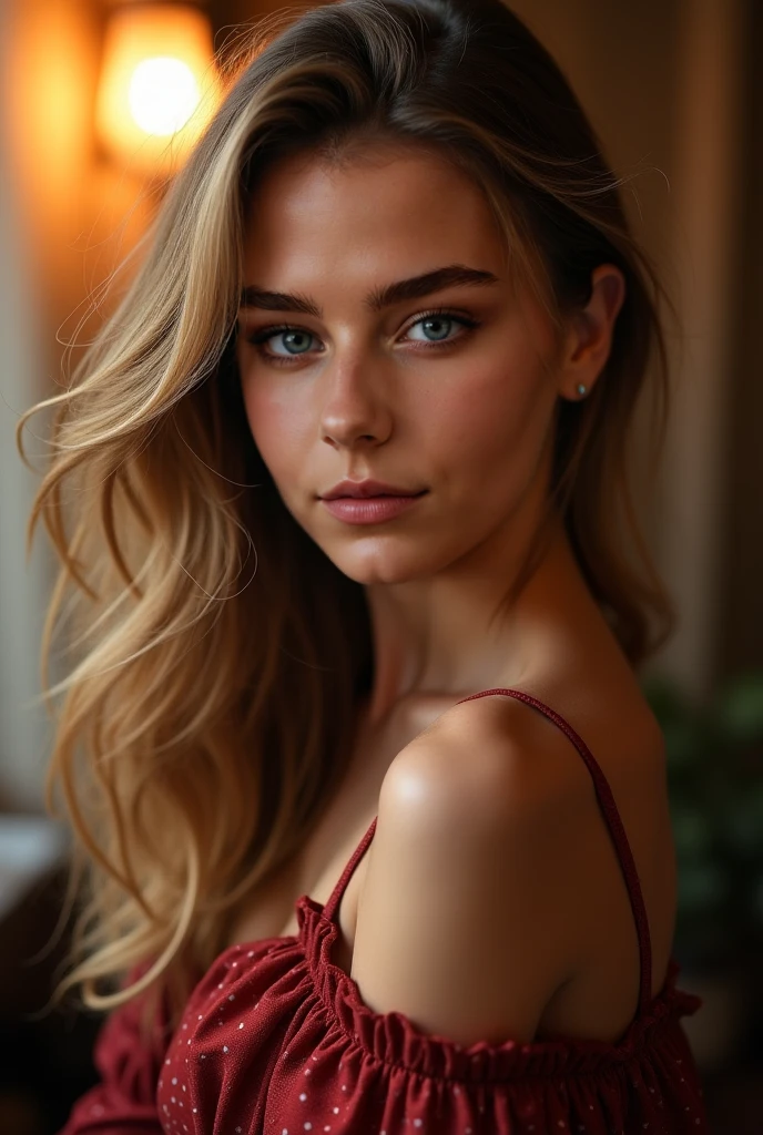 Raw photo, 20 years girl、Sexy Cute、perfectly proportions、Skeletal best、masutepiece、hight resolution、Farbe々Color、off shoulders、summer dresluffy sway and wind)、Large cleavage、a beautiful italian girl (High detailed skin:1.2),、legs crossed、beautiful thiright lights in Positano、romantic、While looking at the camera、embarrassed from、Italian beauty of the world、Silvia、a blond、 Digital SLR, Soft lighting, High quality, FujifilmXT3、Film Lighting、Dramatic、Take in breathtaking views of the city of Positano in the background、Sit down at a seaside restaurant in Positano、Coffee cup on the table、Date with a photographer、Maroon wavy hair flutters all over her body、A slight smil、Colossal titagazine models、Sexy and dramatic、Go to your hotel after the restaurant、Away from the subject、Staring at the whole body of the girl
