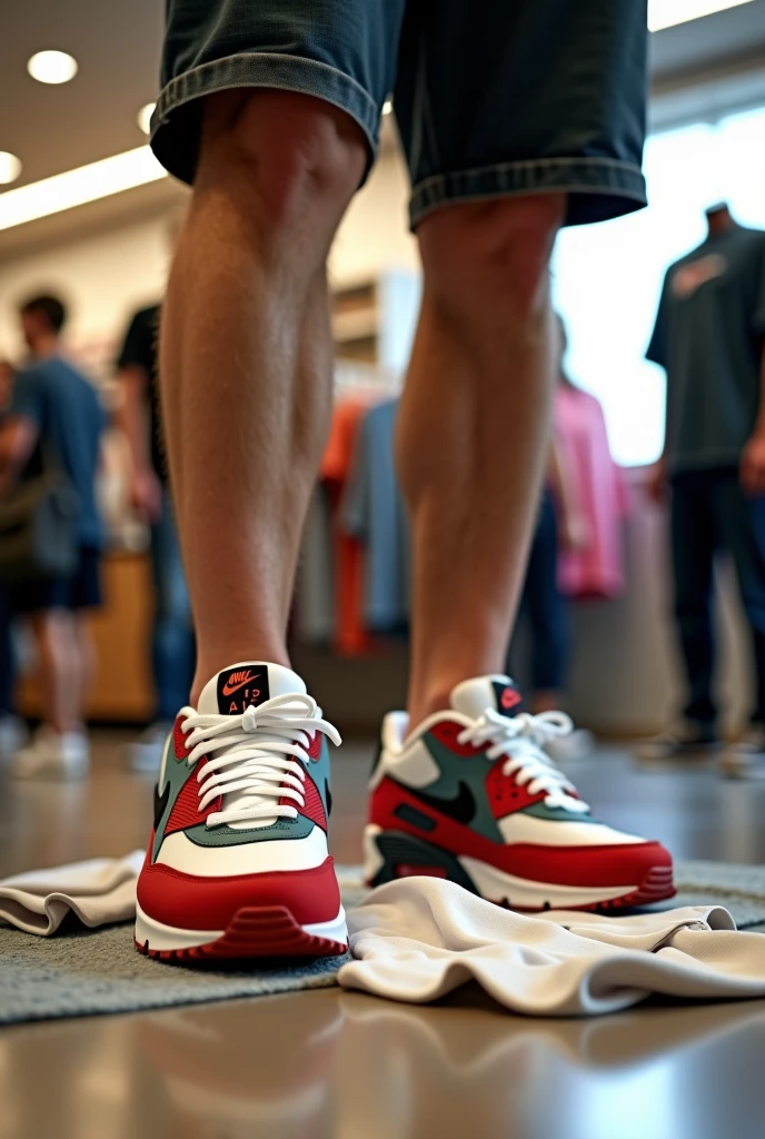 Someone sitting on a bench with a banana on his leg, 🔥 😎 🕹️ 👀 :2, sneaker photo, Behind the legs, Sitting on a desk, High sole, sitting on top a table, Close-up on feet, Revolver on a chair, detailed shot legs-up, by Romain brook, 🕹️ 😎 🚬, Wearing Nike Air Magazines
