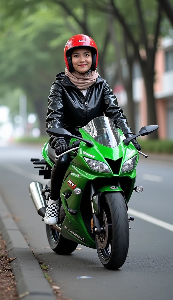 (((girl))), big boobs, wearing light blue collared shirt, buttons open chest, watch, black hijab, tight long jean pants, ecchi style, hentai, riding a motorbike Kawasaki Ninja H2R, [8k digital art]!!