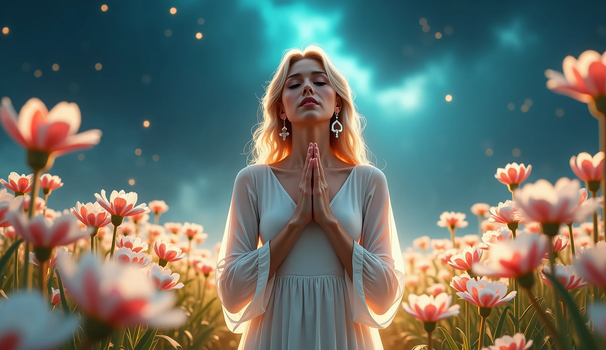 A hyper-realistic image of a blonde woman meditating, 35 years old, a mountain, a peaceful blue sky. Eyes closed. Perfect hands, a beautiful countenance. The word in multicolors. The flowers in your hair --auto --s2