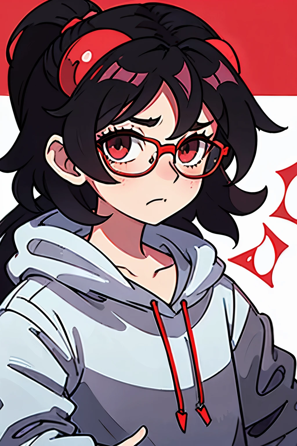 girl, white background, white beanie, bangs, light purple hair, red eyes, glasses, [black t-shirt]