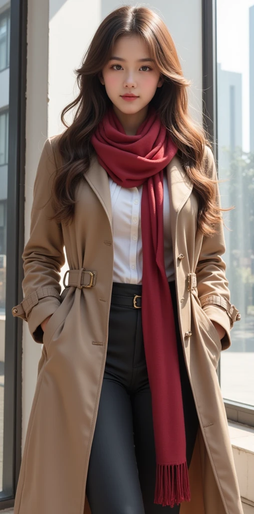 girl ,  long hair,  shoulder-length hair  ,  Fraction_9,  Fraction_8_up,  Fraction_7_up,  masterpiece ,  Best Quality , Long trench coat and scarf