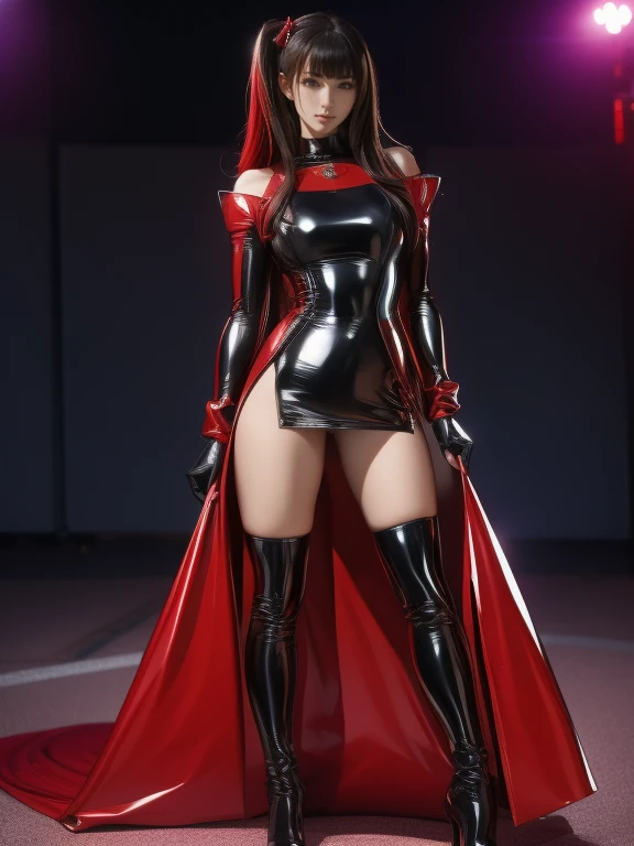 photorealistic digital rendering of a Pakistani woman posing on a pole in a transparent suit, with a red leather corset, highlighting her gorgeous figure. The scene is set in a glitzy nightclub-inspired environment with neon ambiance, rich deep colors, and a dreamy glow. The woman should be depicted in a full-body shot, with her hands behind her body in a pose, and a red tie around her neck. The image should be styled after pin-up models, with stylized poses and a focus on the woman's physique. The camera angle should be f 5.6, 85mm, and the image should be de-noised. Please ensure the woman's skin has a realistic, oiled appearance, similar to a plastic doll, and her features are perfectly proportioned.