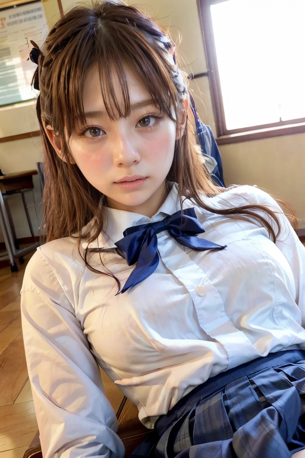 beautiful detailed eyes, beautiful detailed lips, extremely detailed face and hair, High ponytail, long eyelashes, soft light, warm lighting, perfect face, porcelain skin, golden hour lighting, (best quality,4k,8k,highres,masterpiece:1.2),ultra-detailed,(realistic,photorealistic,photo-realistic:1.37),classroom, wooden floor,( lying, on back:1.5),arms up, kneehighs, high school girl, (Navy blue Pleated Skirt), White Dress Shirt, Long sleeve, Bow Ribbon, (embarrassed,blush:1.3),cowboy shot,blonde hair