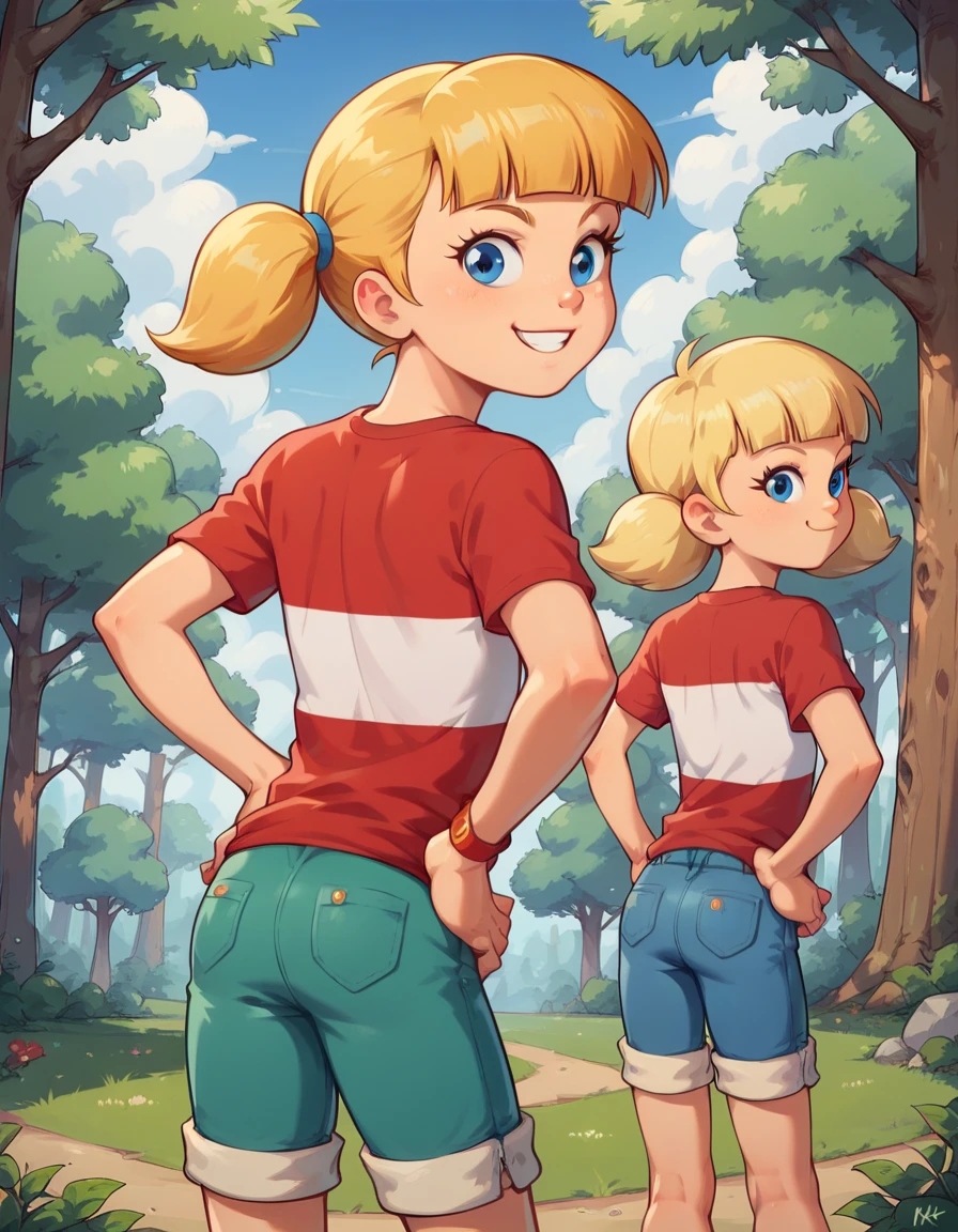 score_9, score_8_up, score_7_up, penny_ig, young­k­i­d, blonde hair, twintails, blue eyes, red shirt, stripe, in a forest, back view, hands on hips, smirking, bending forward