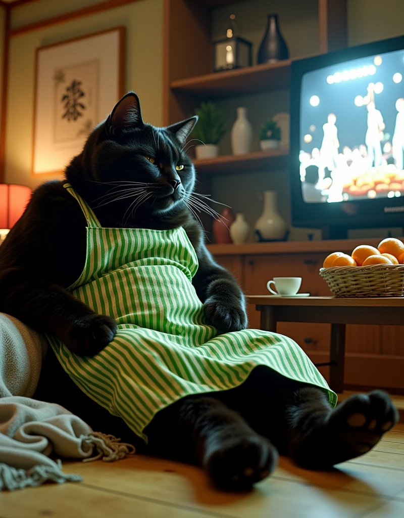 ultra-realistic, photorealistic, dramatic scene, shadow, global-illumination, the human-like giant black cat\(wearing a vertical striped green apron, sleepy, black cat, sitting on the floor at low table that covered by a heavy blanket, watching TV\), there is a low table fully covered with a light colored checked thick blanket with wooden top board on the large carpet in the stylish Japanese apartment room, a TV and shelf are in the room, the tv displays\(anime, live performance of a cute young idol singer girl wearing a pastel colored dress with bunny's ear, blonde extra long curly hair, smile, singing on stage, spot lighting\), stylish furnishings, mandarin oranges in the basket is on the low table, in winter,