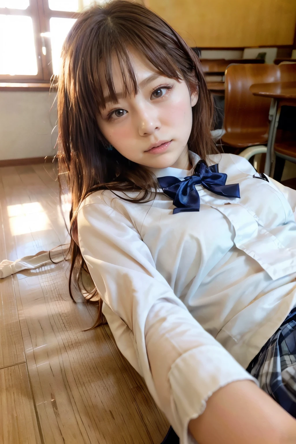 beautiful detailed eyes, beautiful detailed lips, extremely detailed face and hair, High ponytail, long eyelashes, soft light, warm lighting, perfect face, porcelain skin, golden hour lighting, (best quality,4k,8k,highres,masterpiece:1.2),ultra-detailed,(realistic,photorealistic,photo-realistic:1.37),classroom, wooden floor,( lying, on back:1.5),arms up, kneehighs, high school girl, (Navy blue Pleated Skirt), White Dress Shirt, Long sleeve, Bow Ribbon, (embarrassed,blush:1.3),cowboy shot,blonde hair