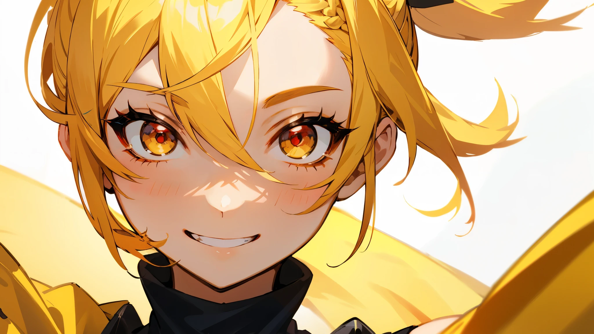 1girl,solo,super detailed skin,shiny skin,expressionless face,smile ,yellow medium hair,hairs between eyes,high-tied twin braids ,eyelashes,lips gloss ,large soft breasts,fullbodysuit,fishnet arms,cleavage cutout,ninja clothes ,arms behind back,cowboy shot,yellow wind magic,simple background,masterpiece,best quality,ultra detailed,high resolution,sharp focus
