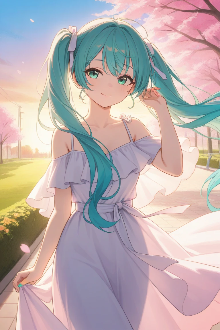 "A fantasy scene with Hatsune Miku walking through a peaceful cherry blossom park at sunset. She wears a flowing, ethereal gown that blends with the sakura colors, and her hair glows in the evening light. The atmosphere is tranquil and full of warmth, with a gentle breeze causing the flowers to dance."
 