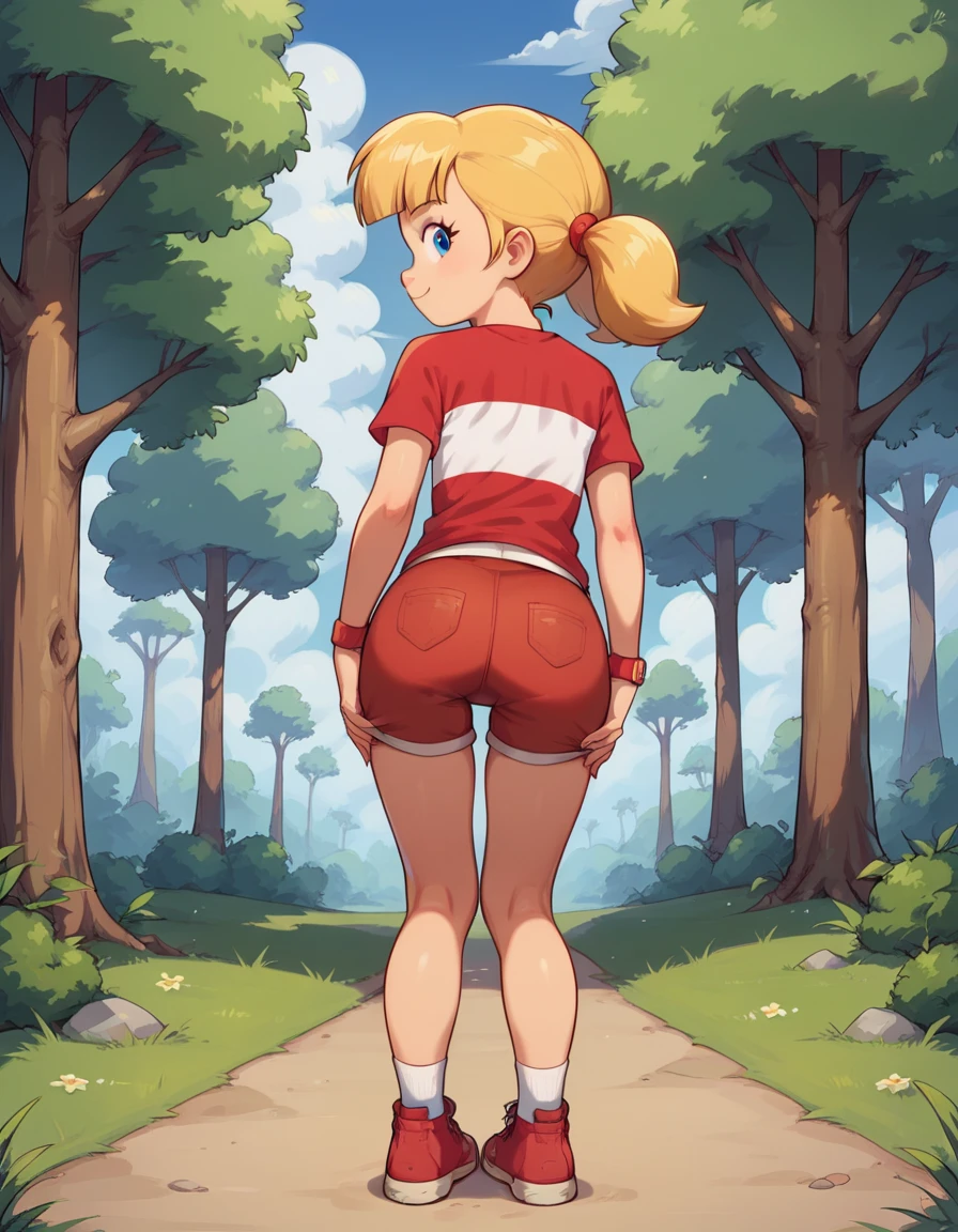 1girl, solo, penny_ig, young­k­i­d, blonde hair, twintails, blue eyes, red shirt, stripe, in a forest, back view, hands on knees, smirking, bending and leaning forward, huge-butt-booty