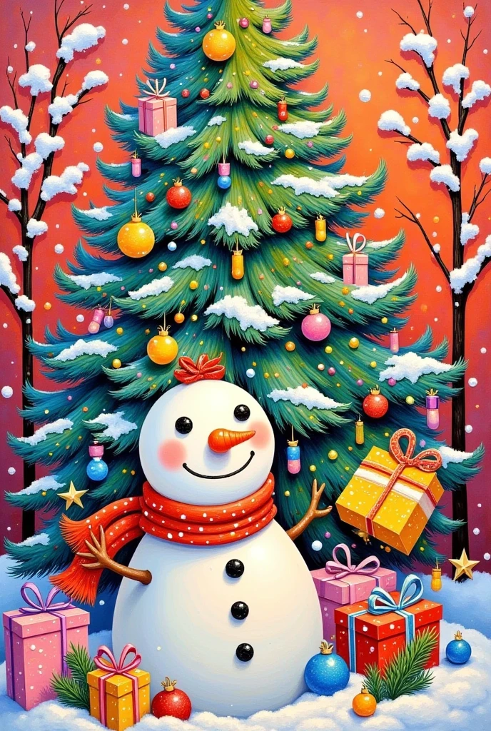 Oil painting illustration：  Christmas，It was snowing outside the window，A colorful  Christmas stocking and an adorable snowman placed inside a christmas tree on a surface covered with snow. 圣诞树上系着一个鲜艳的红色蝴蝶结,为场景增添了鲜艳的色彩. 背景是柔和的红色,营造温暖和节日的氛围.  high quality , high-resolution , Ultra Realistic , detailed,vibrant colors,冬季假期主题,Cheerful,Comfort,Artistic Expression.。粗糙的笔触和纹理 