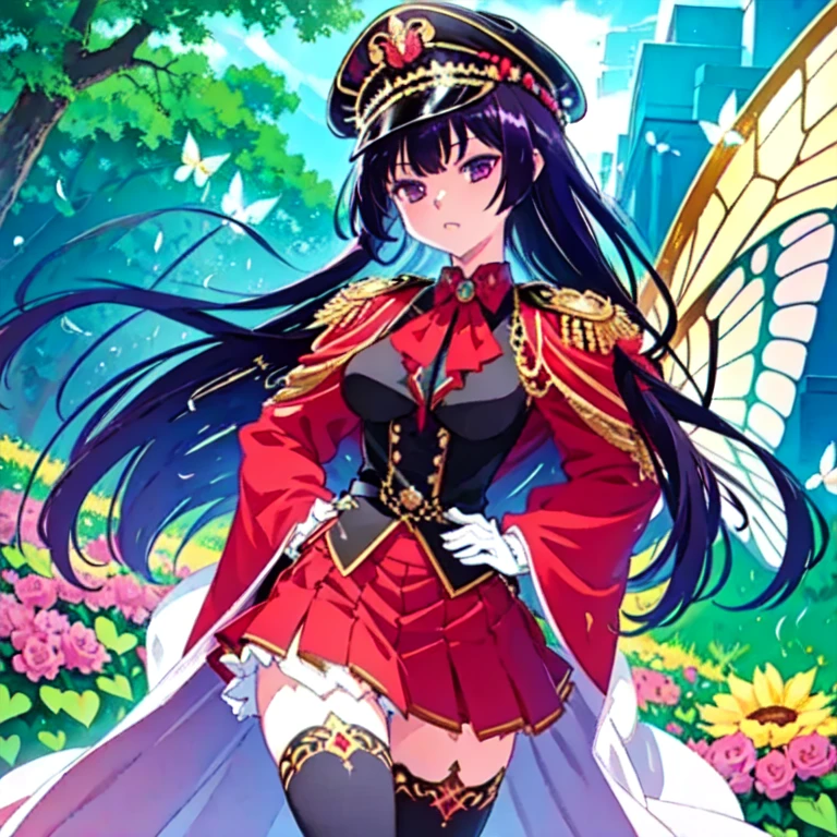 (masterpiece, best quality, 1girl, illustration), Rei, dark purple hair, red eyes, elaborate military style uniform, fitted black jacket with gold buttons, epaulettes, intricate braiding, pleated red skirt, black peaked cap with gold insignia and red lining, white gloves, large red bow tie at collar, holding golden staff, standing in vibrant flower garden at dusk, surrounded by colorful blossoms, roses, tulips, sunflowers, butterflies, blue butterfly, white butterfly, yellow butterfly, butterfly wings, butterfly hair ornament, soft glow of twilight, purple and orange hues in sky, thighhighs, zettai ryouiki, highly detailed, anime screencap, art by Range Murata, WLOP
--ar 3:2 --zoom 1.5  --style expressive, vibrant