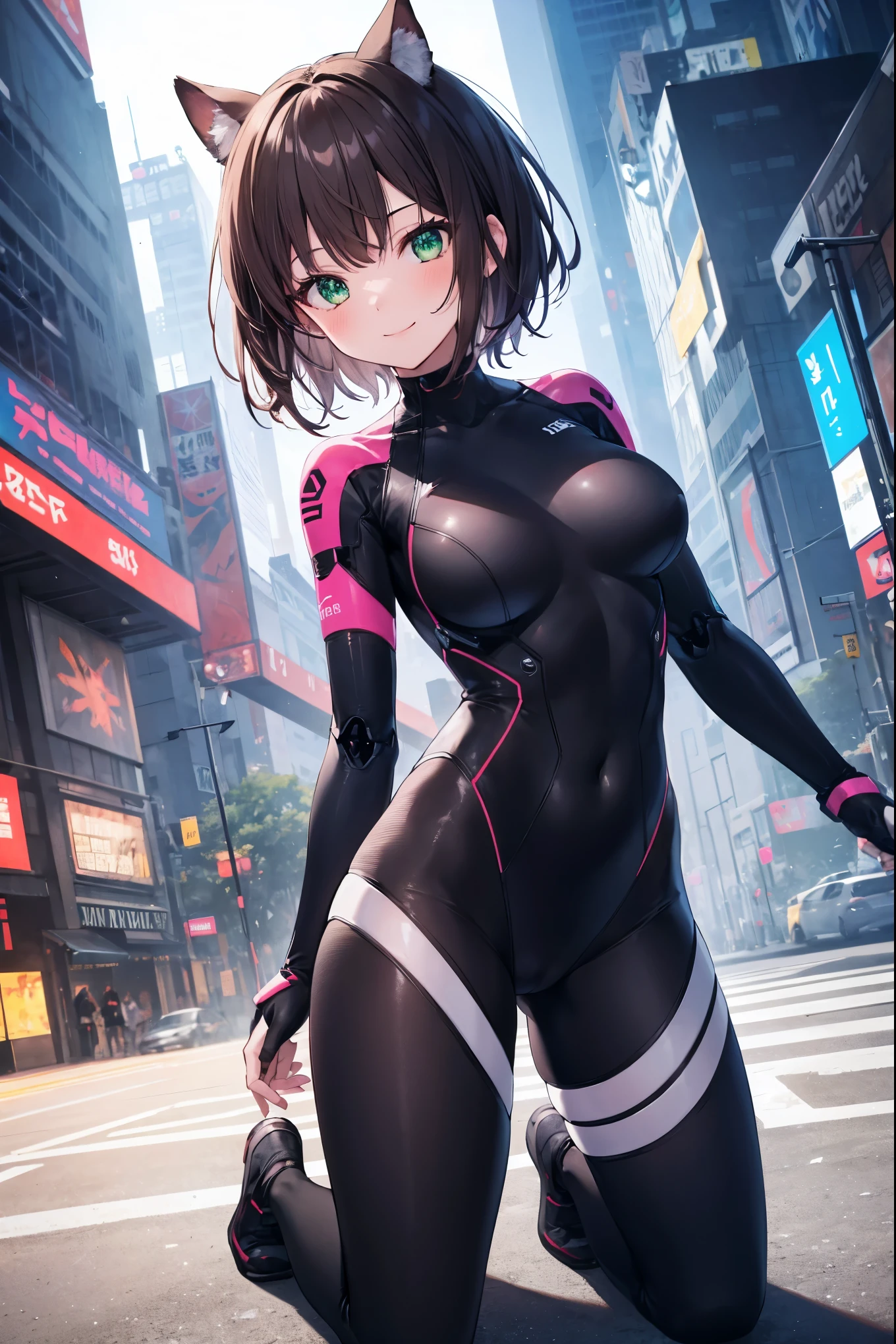 aile_megamanzx, kneeling with one hand on the ground and the other arm raised, 1girl, solo, short hair, brown hair, short sleeves, (bodysuit), robot ears, green eyes, very_short_shorts, short sleeves, short over long sleeves, smile, in futuristic city, , high quality, medium_breasts,crotch, slouch,groin,dynamic_angle