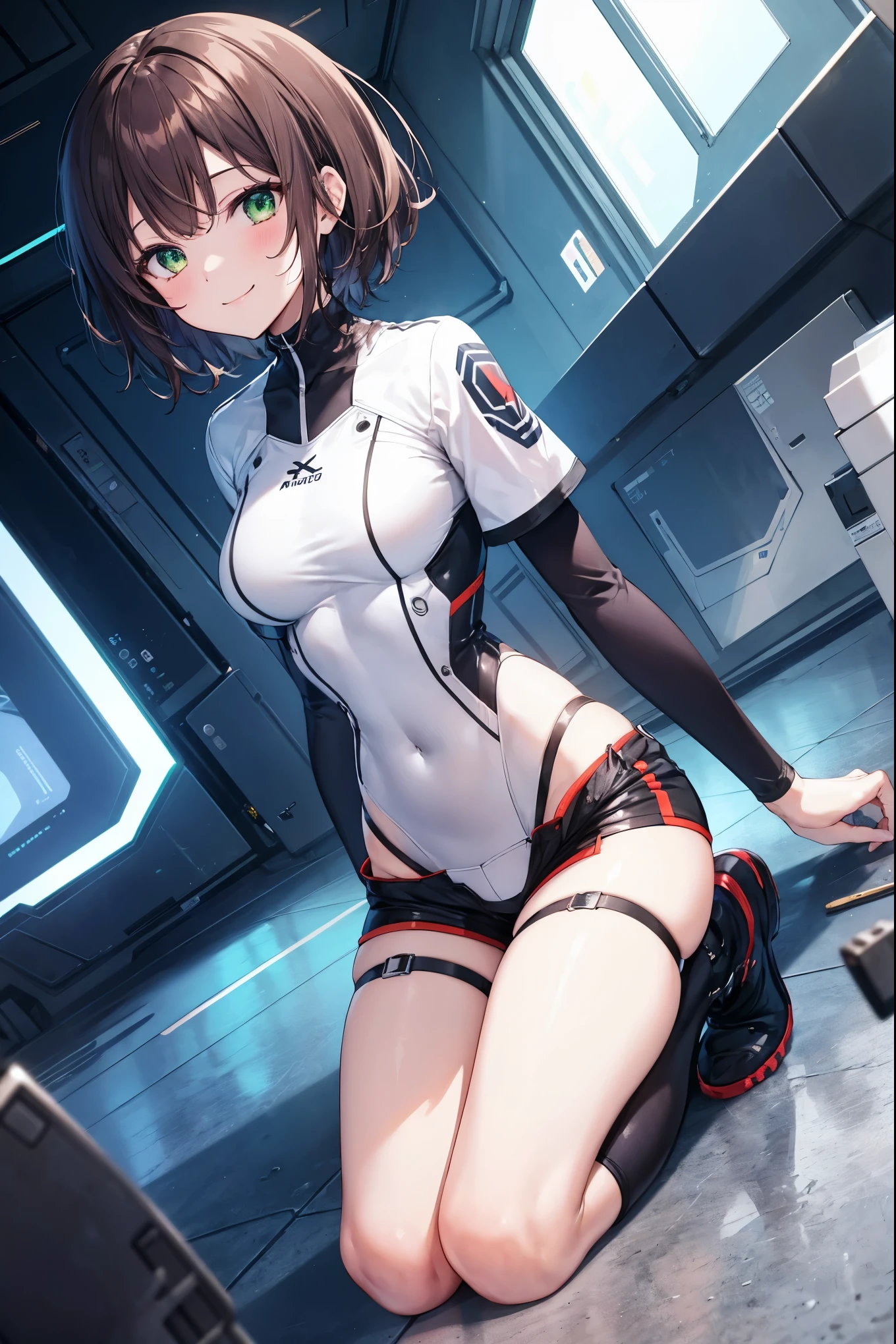 aile_megamanzx, kneeling with one hand on the ground and the other arm raised, 1girl, solo, short hair, brown hair, short sleeves, (bodysuit), robot ears, green eyes, very_short_shorts, short sleeves, short over long sleeves, smile, in futuristic city, , high quality, medium_breasts,crotch, slouch,groin,dynamic_angle