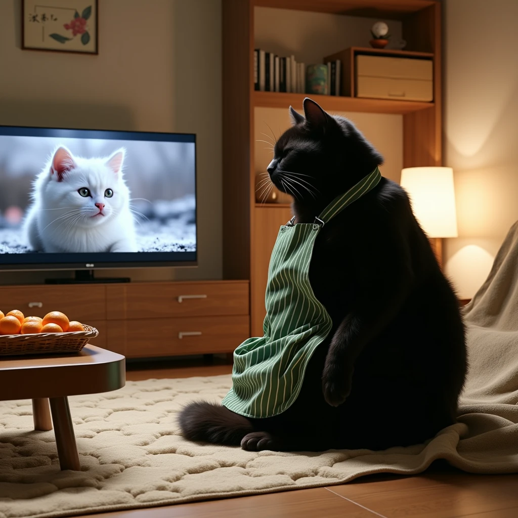 ultra-realistic, photorealistic, dramatic scene, shadow, global-illumination, the human-like giant black cat\(wearing a vertical striped green apron, sleepy, black cat, sitting on the floor at low table that covered by a heavy blanket, watching TV\), there is a low table fully covered with a light colored checked thick blanket on the large carpet in the stylish Japanese apartment room, a TV and shelf are in the room, the white kitten is displayed on the tv, stylish furnishings, mandarin oranges in the basket is on the low table, in winter, 