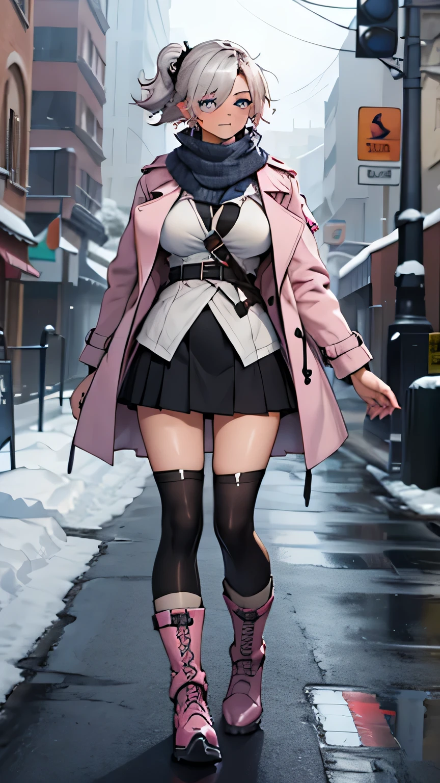 1woman, 20years old, silver hair, middle hair, side ponytail, hair over one eye, volumey, dark blue eyes, heart shaped pupils, aroused, blush, large breasts, clothed, Light pink trench coat, white Extreme Mini Skirt, leggings, Hoop Earrings, Warm colored scarves, boots, Snowy street corner,looking at viewer,steam