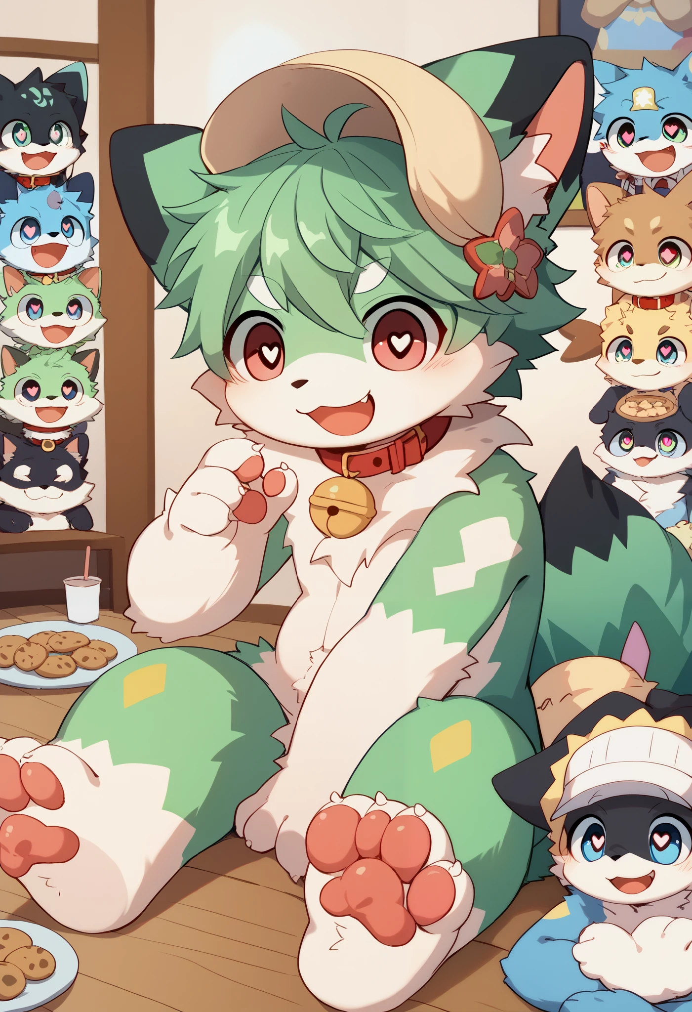    very detailedな,   very detailed,Blue fur,white髪,  boys,骨 を見て  excited,Heart Eyes,participate,hypnotism,brainwashing,Pets, green、white、  and a colorful hat ,   cute face,  sitting！,   connect the collar to the lead ,, black ear  ,fur for  boys ,    fluffy fur  ,  excited,Horny boy,美しいroom, room ,naked,Eat cookies,smile,greenのオーバーオール,whiteのTシャツ,Alone,Dropped ears,  My mental age     ,want