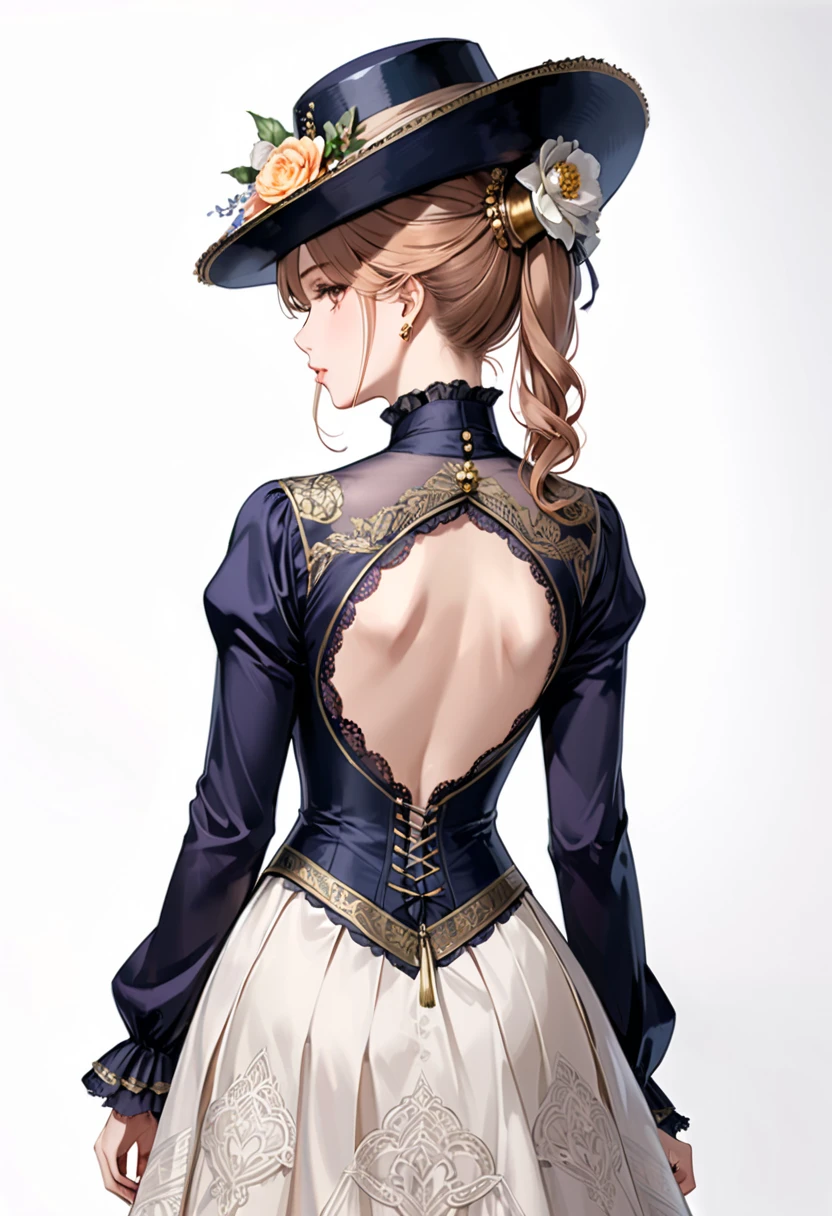 Anna Razumovskaya style ( cowboy shot:1.1)、(victorianの服装をした貴族の1 girl)、whole body、1 girl、(solo:1.8)、 face focus、 back view、 standing、( look at the viewer :1.5)、 from above、 white background、( turning head :1.8)、Victorian Style Hat 、flower、(Draw so you can't see through :1.8)、(Long sleeve clothes:1.8)、 long skirt 、(Clothes that don't show your back:1.8)、