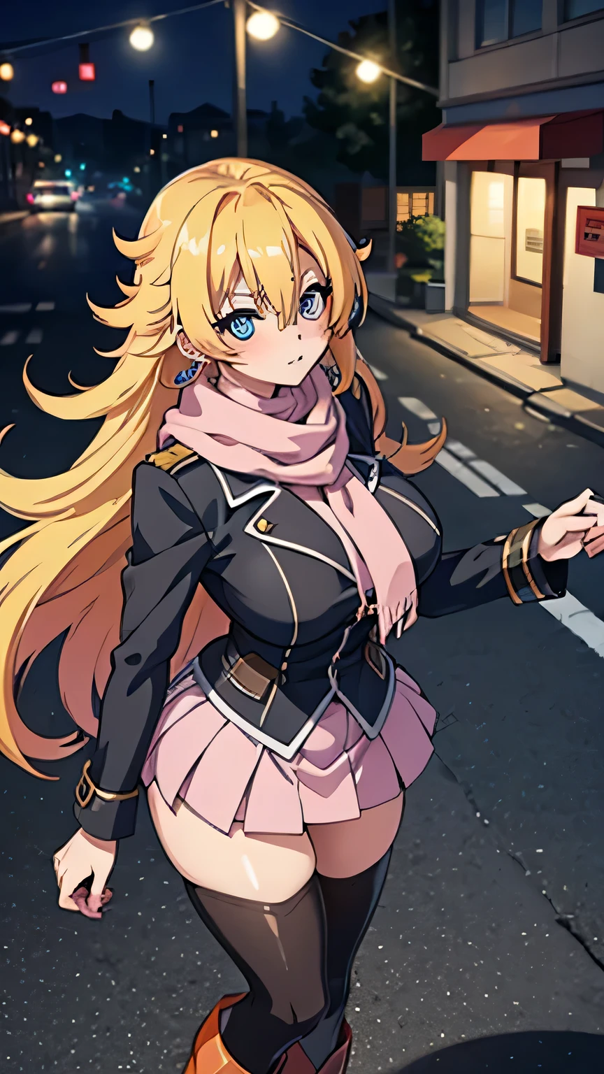 1woman, 20years old, blonde hair, long hair, straight hair, hair over one eye, volumey, dark blue eyes, Star shaped pupils, aroused, blush, large breasts, clothed, Light pink trench coat, white Extreme Mini Skirt, leggings, Hoop Earrings, Warm colored scarves, boots, Snowy street corner, looking at viewer, steam, anime, anatomically correct, textured skin
