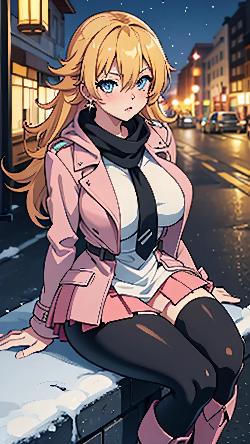 1woman, 20years old, blonde hair, long hair, straight hair, hair over one eye, volumey, dark blue eyes, Star shaped pupils, aroused, blush, large breasts, clothed, Light pink trench coat, white Extreme Mini Skirt, leggings, Hoop Earrings, Warm colored scarves, boots, Snowy street corner, looking at viewer, steam, anime, anatomically correct, textured skin
