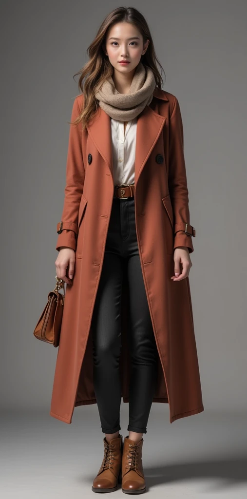 masterpiece ,  Best Quality , Long trench coat and scarf