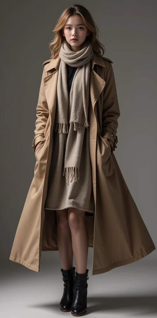 masterpiece ,  Best Quality , Long trench coat and scarf