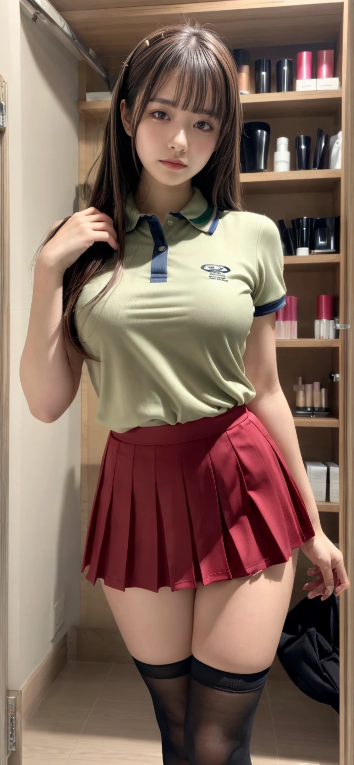 masterpiece,  top quality ,  illustrations,  super detailed ,  Details,  high res, 8k,wallpaper,  perfect dynamic configuration,(Detailed and high quality,  realistic depiction of eyes kissed in the changing room:1.3),  standing, ( collared polo shirt),  pleated skirt,  knee-high socks,  straight hair,   in the background,  deep in the field,  Big Breasts ,  black hair,  big natural color lips,  plump lips, lipstick, (cosmetics), ( Completate), Crying a little、 Harajuku style、 20 year old girl 、 cutest type on women、 beautiful legs,  gravure idol