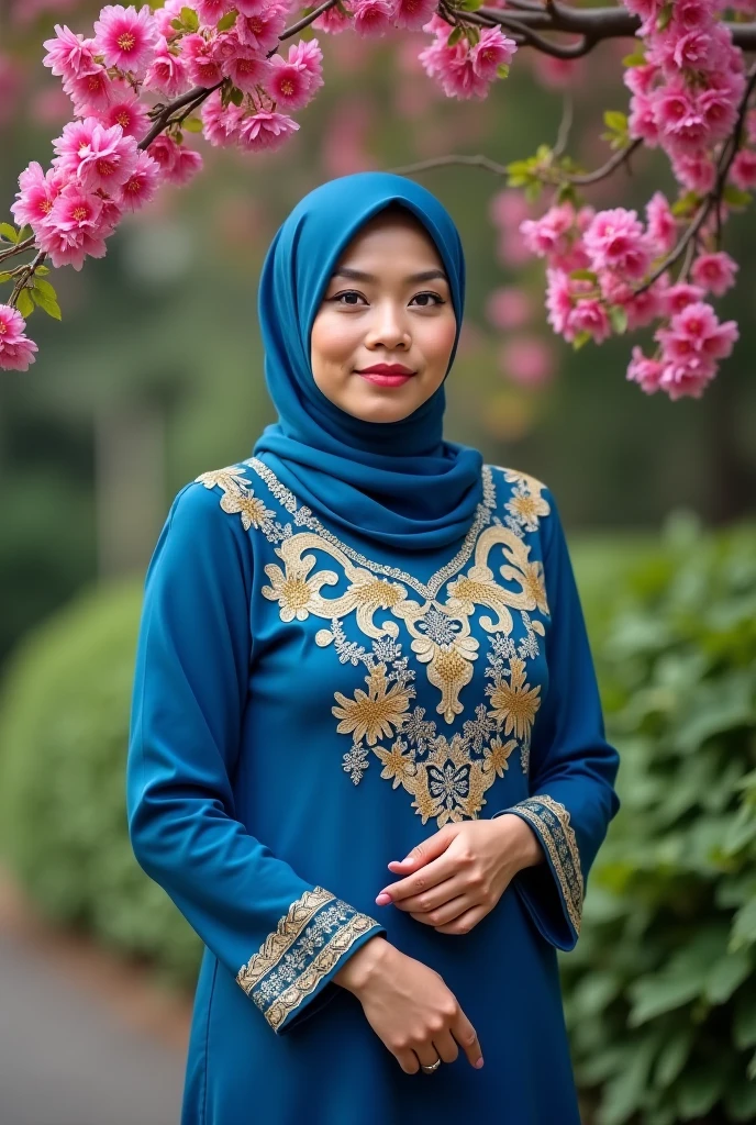 a photo portrait of a beautiful malay girl with turquoise hijab wearing floral turquoise color baju kurung and few freckles, (plain turquoise hijab), very big firm breast, white studio background, (medium shot portrait:1.3), dramatic light , smile, Rembrandt lighting scheme, (hyperrealism:1.2), (8K UHD:1.2), (photorealistic:1.2), shot with Canon EOS 5D Mark IV, detailed face, detailed skin texture, hari raya, eid mubarak,