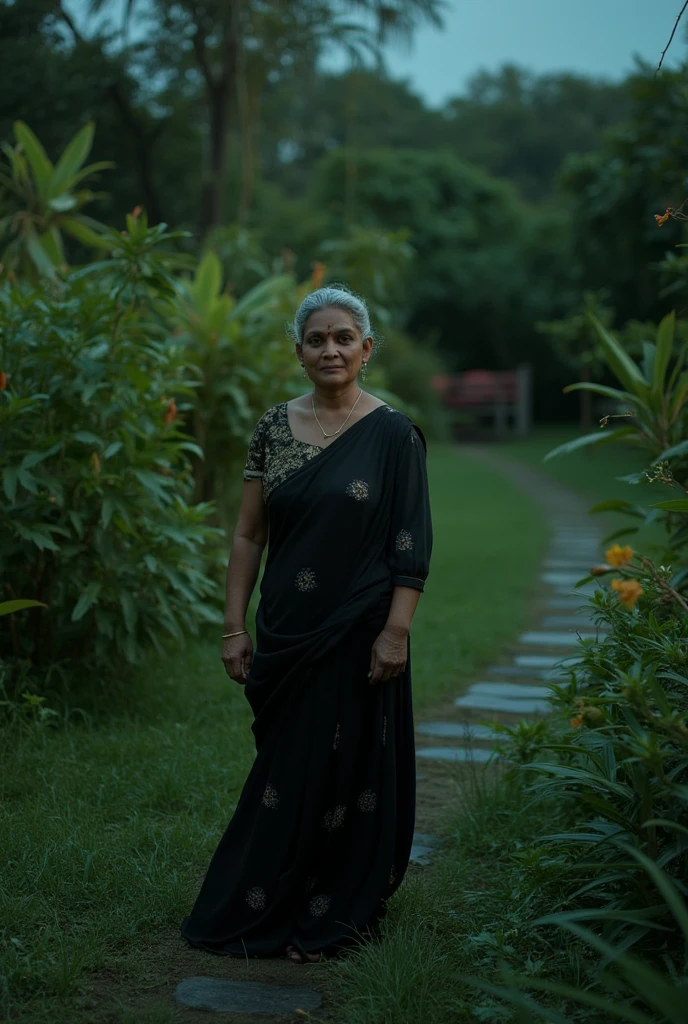 Kerala mature dark skined woman in a black dress at a garden 