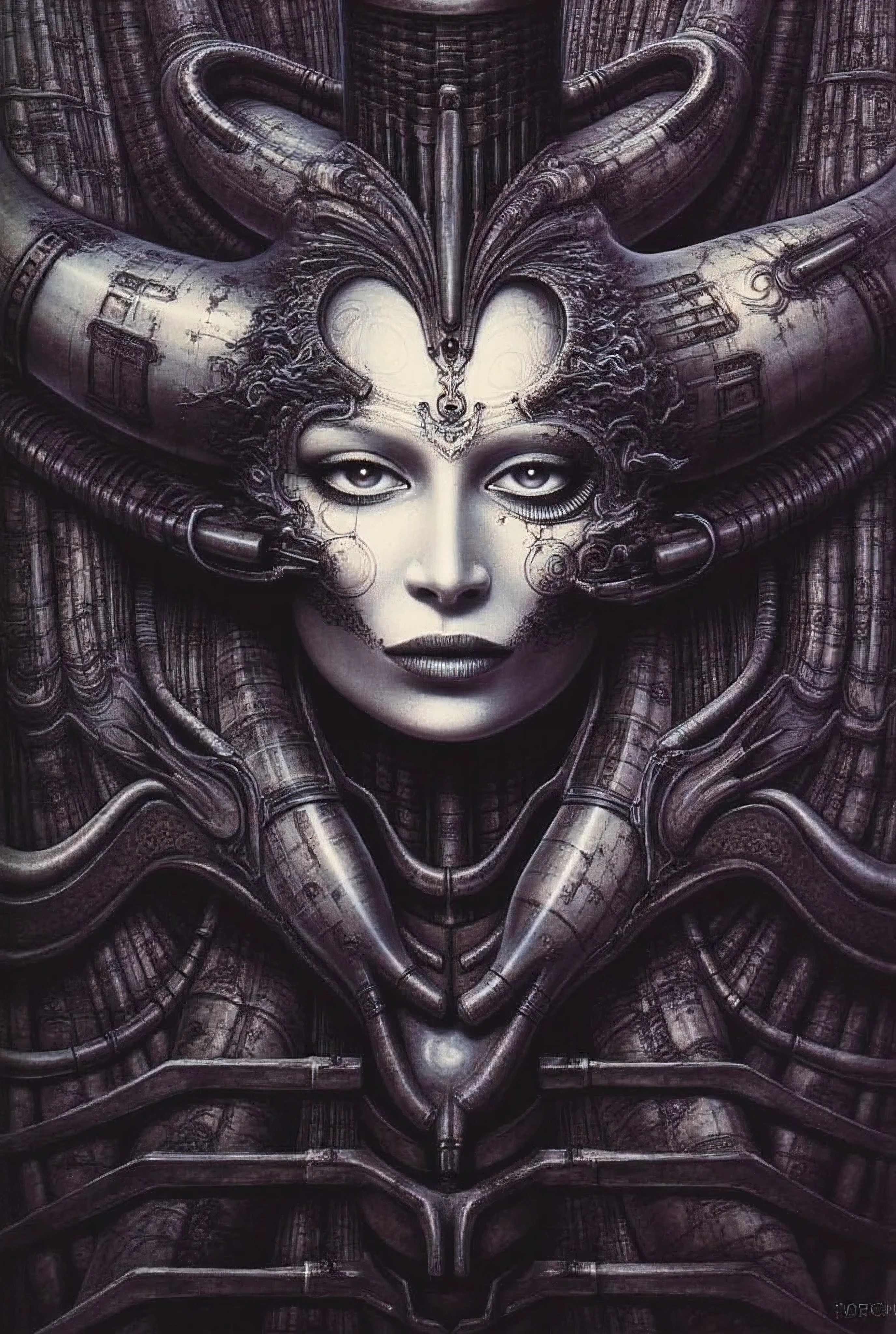 Giger artwork is a piece of artwork featuring intricate and surrealistic designs, with a central figure that appears to be a humanoid face surrounded by mechanical and organic elements. The overall style is reminiscent of the work of H.R. Giger, known for his detailed and eerie art.