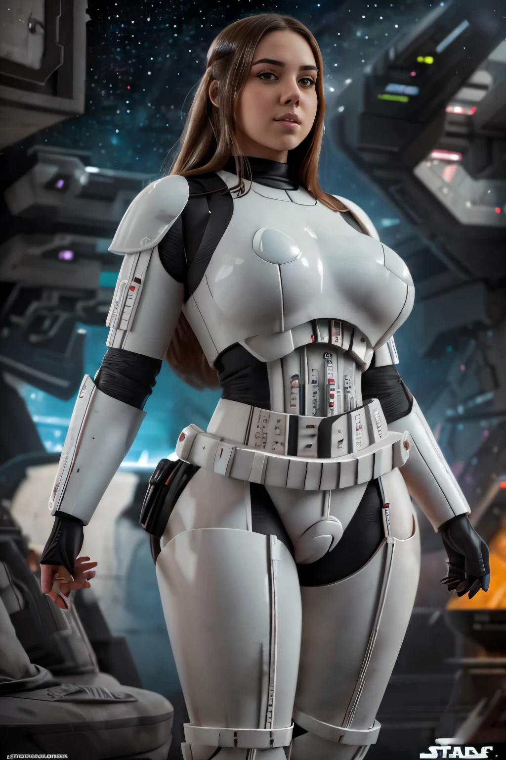 beautiful thick tween girl, star wars, sexy costume, spaceship, stormtrooper, armor, big breasts, Curvy thick body, scifi, realistic, cinematic, highly detailed vfx portrait, 8k