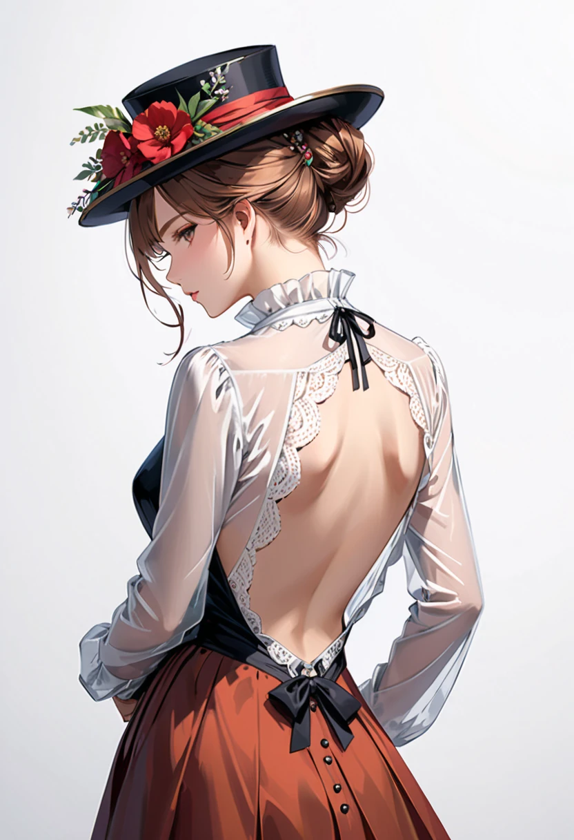 Anna Razumovskaya style ( cowboy shot:1.1)、(victorianの服装をした貴族の1 girl)、whole body、1 girl、(solo:1.8)、 face focus、 back view、 standing、( look at the viewer :1.5)、 from above、 white background、( turning head :1.8)、Victorian Style Hat 、flower、(Draw so you can't see through :1.8)、(Long sleeve clothes:1.8)、 long skirt 、(Backless blouse outfit:1.8)、