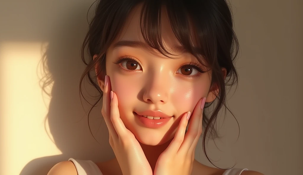 Create a realistic image of nude smiling girl with tired hair