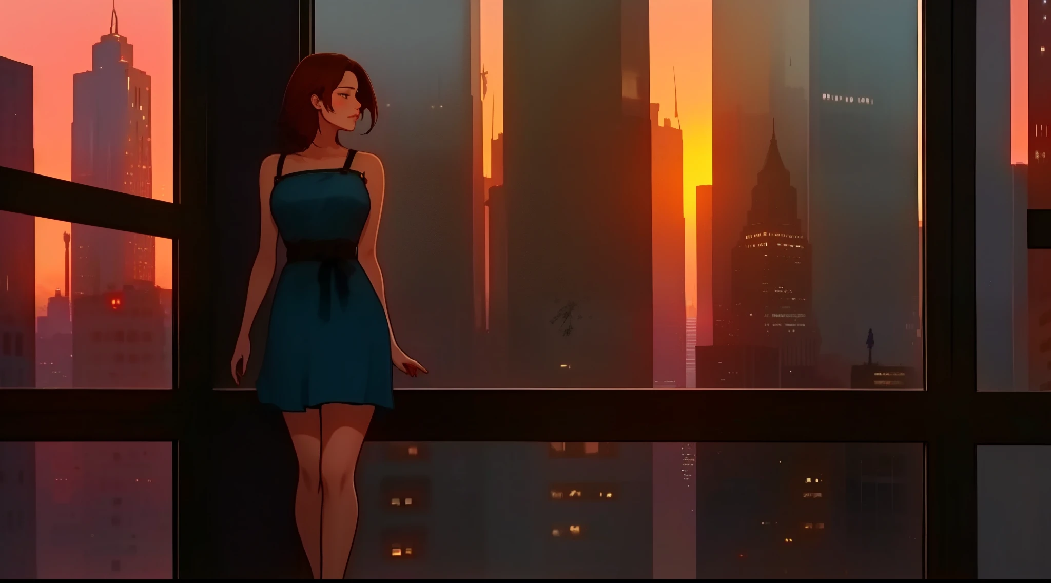 "A beautiful woman standing by a large window overlooking a futuristic city skyline during a serene sunset. She is wearing a sleek, form-fitting blue dress with thin straps, and her short, slightly messy brown hair complements her elegant yet casual style. Her posture is relaxed, leaning lightly on the window ledge with both hands, one foot slightly forward, showcasing her graceful and confident demeanor. She is wearing elegant sandal heels that add a touch of sophistication to her look. The golden hues of the sunset bathe the cityscape in warm tones, with the soft glow reflecting on the glass of the skyscrapers. The tranquil ambiance highlights the vibrant colors of the sky transitioning from orange to pink, creating a peaceful and captivating vibe."
