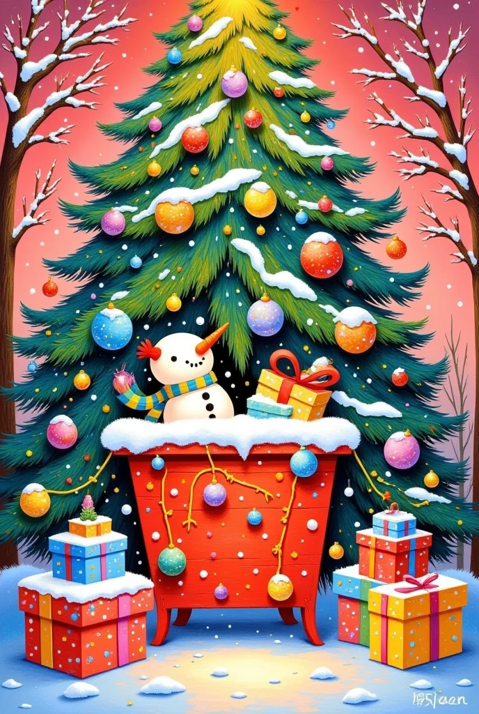 Oil painting illustration：  Christmas，It was snowing outside the window，A colorful  Christmas stocking and an adorable snowman placed inside a christmas tree on a surface covered with snow. 圣诞树上系着一个鲜艳的红色蝴蝶结,为场景增添了鲜艳的色彩. 背景是柔和的红色,营造温暖和节日的氛围.  high quality , high-resolution , Ultra Realistic , detailed,vibrant colors,冬季假期主题,Cheerful,Comfort,Artistic Expression.。粗糙的笔触和纹理 