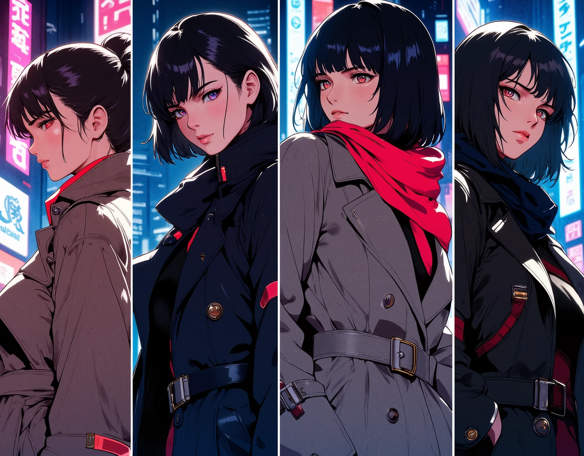 (maSterpiece:1.2,EXCEPTIONAL QUALITY ,Mirror finish, Cinematic Experience),8k,16k,wallpaper,( future fashion:2.0),( trench coat and scarf:2.0),4 different images of women in trench coats and scarves, realistic art style , Realistic Art Style , ANIME REALISM STYLE , Realistic Anime-Inspired Art , realistic anime art style, anime style to cover left eye,( Criminal drama style:2.0),( cyberpunk:2.0),(Neon Art:2.0),( Future Female Cops:2.0),(Ghost in the Shell style :2.0)