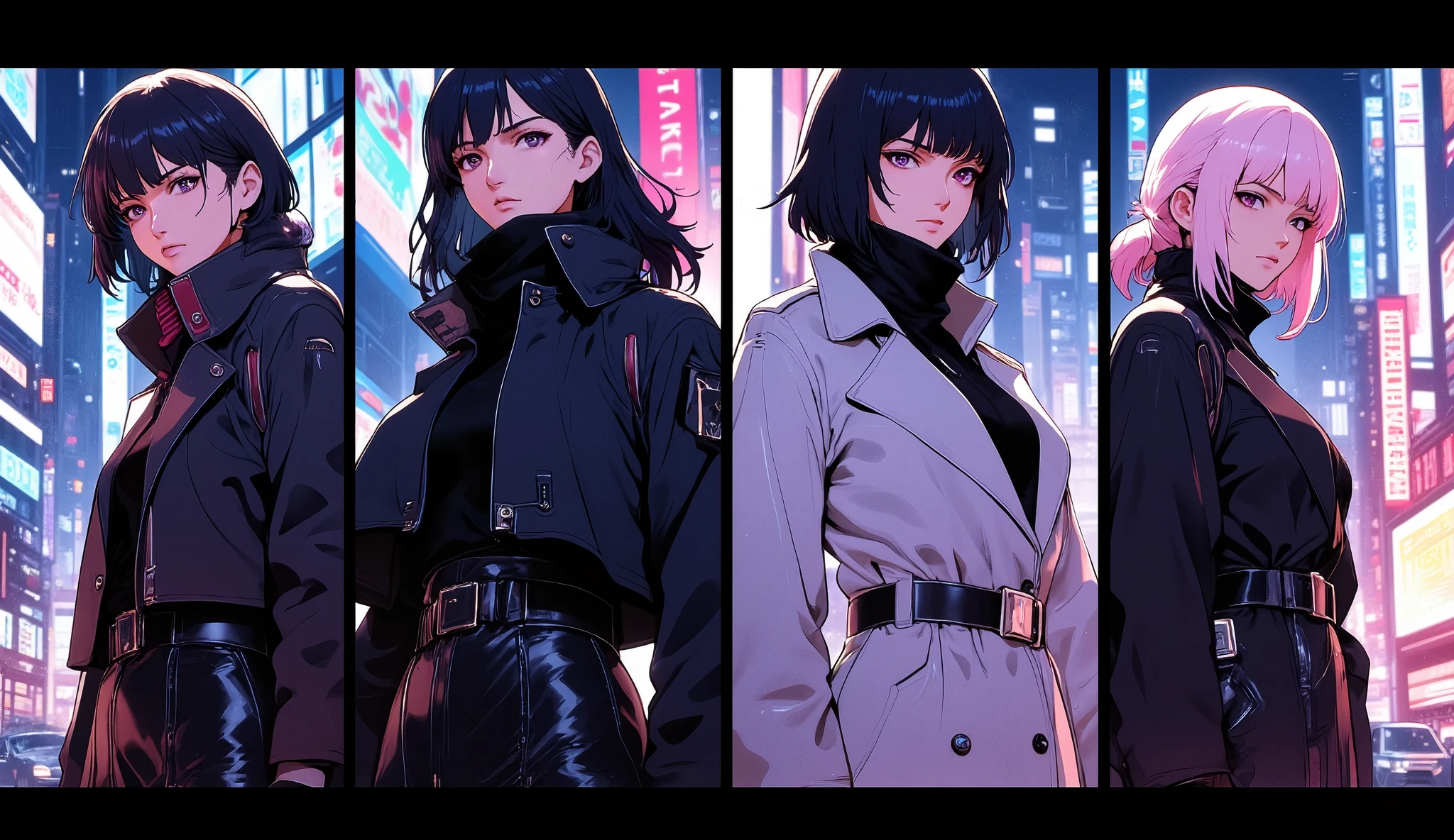 (maSterpiece:1.2,EXCEPTIONAL QUALITY ,Mirror finish, Cinematic Experience),8k,16k,wallpaper,( future fashion:2.0),( trench coat and scarf:2.0),4 different images of women in trench coats and scarves, realistic art style , Realistic Art Style , ANIME REALISM STYLE , Realistic Anime-Inspired Art , realistic anime art style, anime style to cover left eye,( Criminal drama style:2.0),( cyberpunk:2.0),(Neon Art:2.0),( Future Female Cops:2.0),(Ghost in the Shell style :2.0)