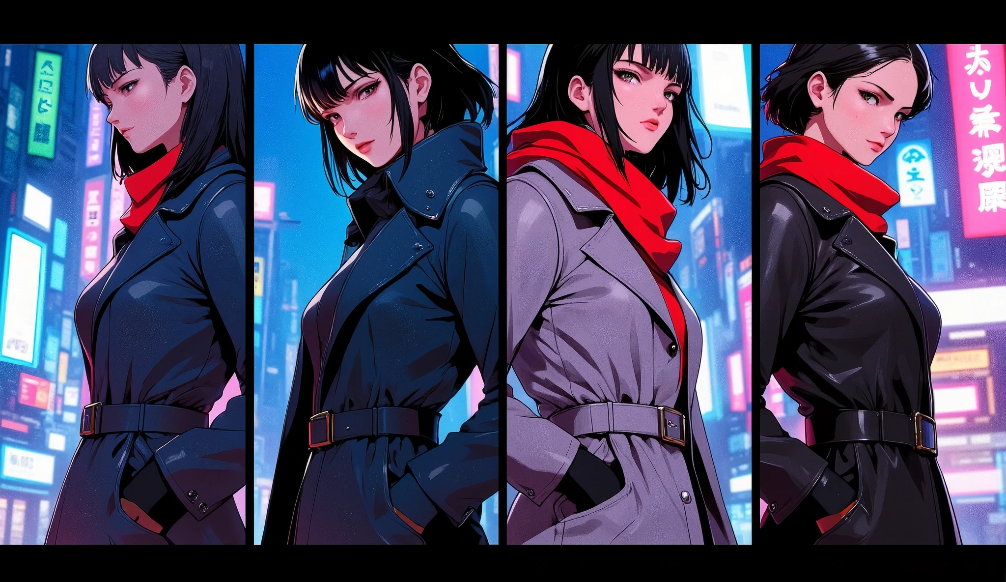 (maSterpiece:1.2,EXCEPTIONAL QUALITY ,Mirror finish, Cinematic Experience),8k,16k,wallpaper,( future fashion:2.0),( trench coat and scarf:2.0),4 different images of women in trench coats and scarves, realistic art style , Realistic Art Style , ANIME REALISM STYLE , Realistic Anime-Inspired Art , realistic anime art style, anime style to cover left eye,( Criminal drama style:2.0),( cyberpunk:2.0),(Neon Art:2.0),( Future Female Cops:2.0),(Ghost in the Shell style :2.0)