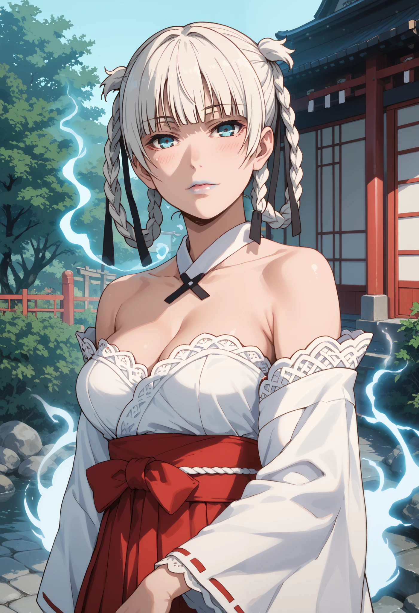 Score_9, score_8_up, score_7_up, score_6_up, source_anime, rating:general, 1girl, kirari momobami, white hair, braided hair, stunning blue eyes, pale skin, blush, perfect lips, sultry look, looking at viewer, sexy strapless shrine maiden outfit, lacy trim, kitsune, medium sized breasts, exposed shoulders, exposed breasts, cleavage, traditional Japanese garden, outdoors, solo, 8k quality, vivid colors, perfect shadowing, perfect lighting, cowboy shot, looking at viewer, SmokeyAura, Aura, Smoke, blazing aura  