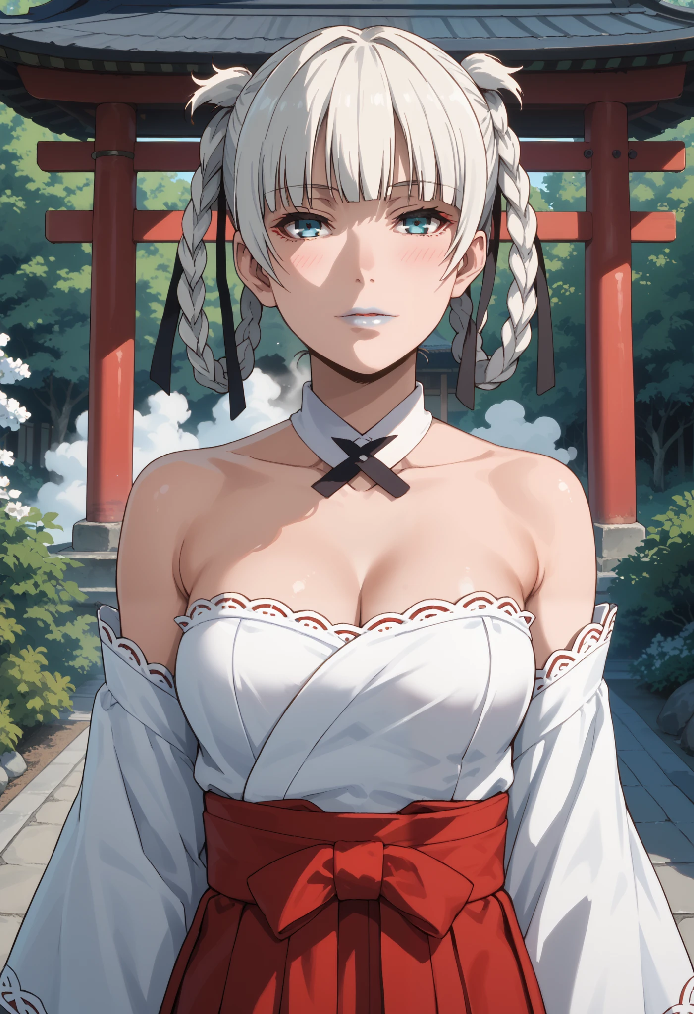 Score_9, score_8_up, score_7_up, score_6_up, source_anime, rating:general, 1girl, kirari momobami, white hair, braided hair, stunning blue eyes, pale skin, blush, perfect lips, sultry look, looking at viewer, sexy strapless shrine maiden outfit, lacy trim, kitsune, medium sized breasts, exposed shoulders, exposed breasts, cleavage, traditional Japanese garden, outdoors, solo, 8k quality, vivid colors, perfect shadowing, perfect lighting, cowboy shot, looking at viewer, SmokeyAura, Aura, Smoke, blazing aura