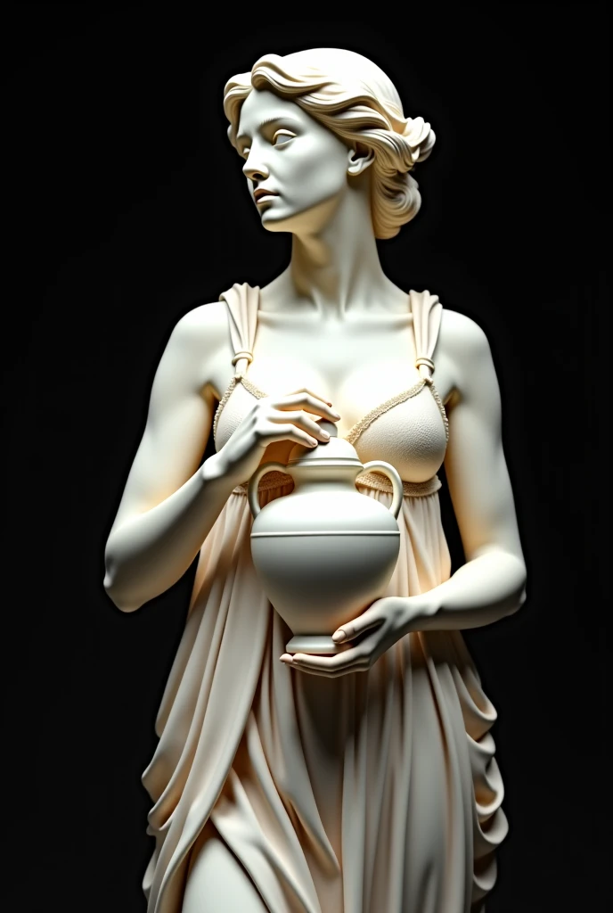 I want a sculpture of stoic philosophers with a black background, it should focus on bisexual philosophers, seios , position of hair falling but braided, com belos seios corpo perfeito com , a wide thigh is a beautiful woman solo, com seios lindos corpo perfeito, uma coxa larga, um destino com ,expression sexual poses, sensor eroticism unclothed all naked stoic with She is kneeling and praying in an ancient stone room. Your hands and arms are behind your head. Usando sapatos altos e coleiras de couro. Classification ,The image should focus on philosophers sculpture of a in the style of ancient Greece that philosophy philosophers plain white background black and white gold chain glasses, several gold coins scattered on the floor, imagem 4k 8k bonito e muito detalhado de alta qualidade plano completo
