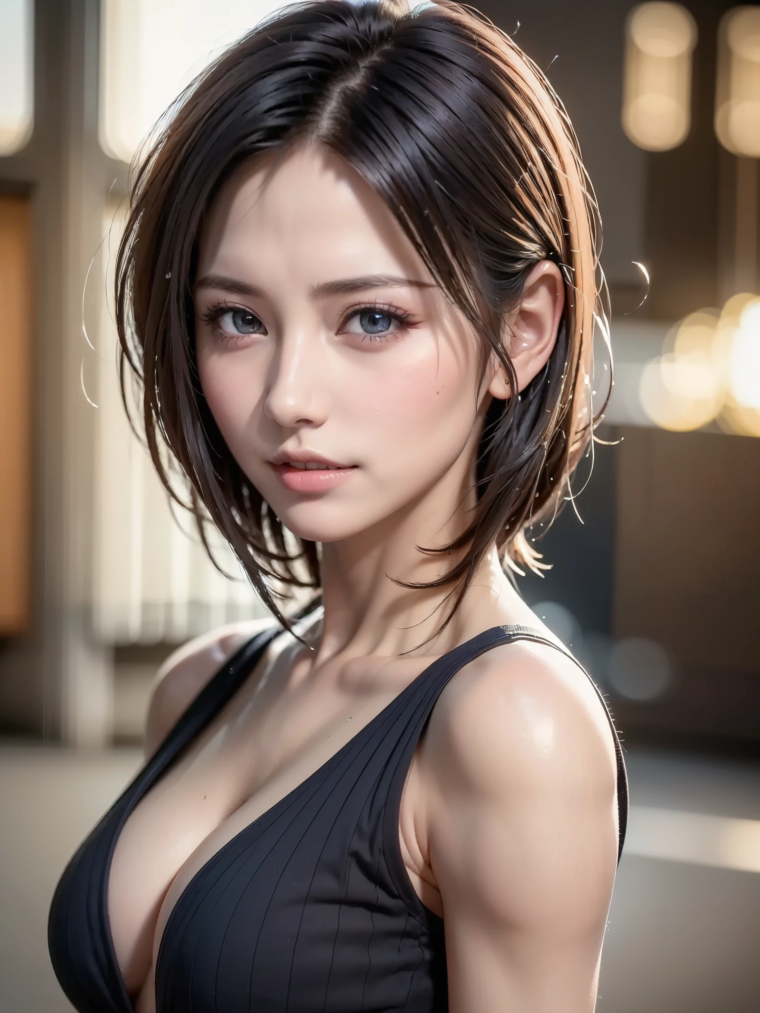 (masutepiece:1.3), (8K, Photorealistic, Raw photo, Best Quality: 1.4), (1girl in), Beautiful face, (Realistic face), (Black hair, Short hair:1.3), bikini of, Beautiful hairstyle, Realistic eyes, Beautiful detailed eyes, (Realistic skin), Beautiful skin, (Navy BL...